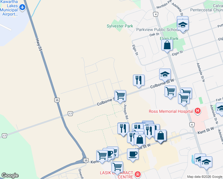 map of restaurants, bars, coffee shops, grocery stores, and more near 112 Corley Street in Kawartha Lakes