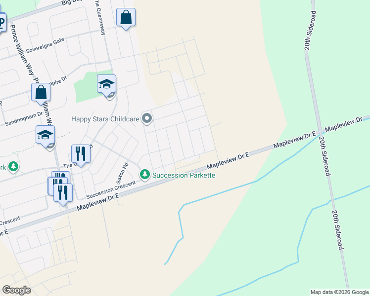 map of restaurants, bars, coffee shops, grocery stores, and more near 22 Prudhoe Terrace in Barrie