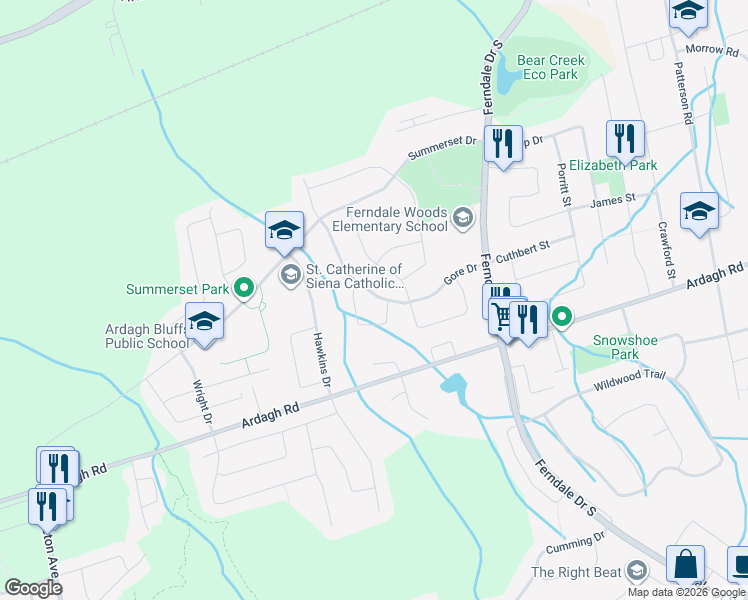 map of restaurants, bars, coffee shops, grocery stores, and more near 73 Gore Drive in Barrie