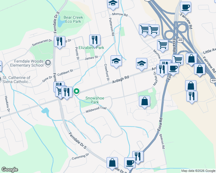 map of restaurants, bars, coffee shops, grocery stores, and more near 141 Ardagh Road in Barrie