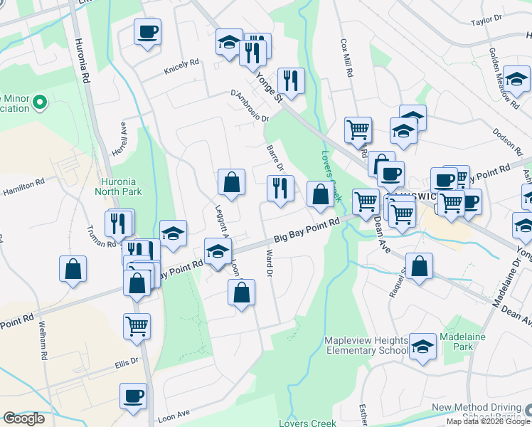 map of restaurants, bars, coffee shops, grocery stores, and more near 45 Ward Drive in Barrie
