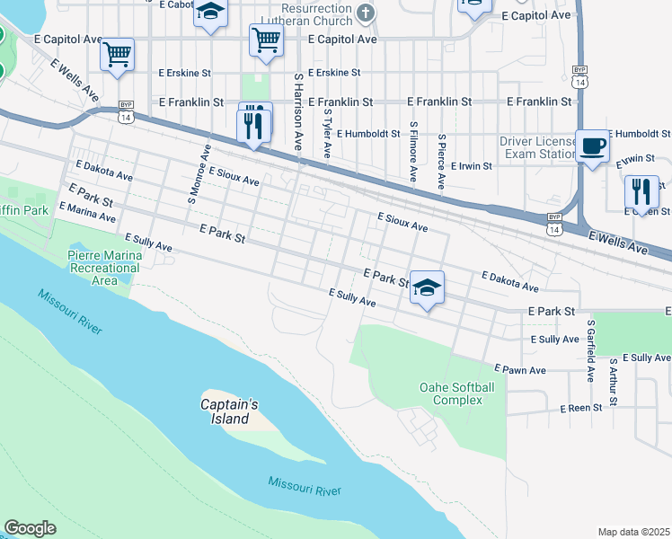 map of restaurants, bars, coffee shops, grocery stores, and more near 1820 East Park Street in Pierre
