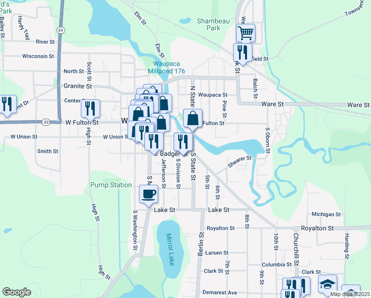 map of restaurants, bars, coffee shops, grocery stores, and more near 223 South Division Street in Waupaca
