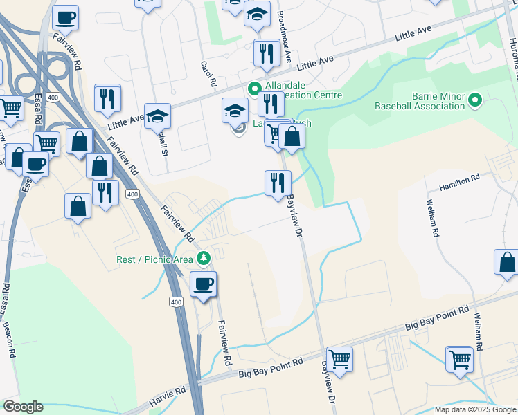 map of restaurants, bars, coffee shops, grocery stores, and more near 18 Mollard Court in Barrie