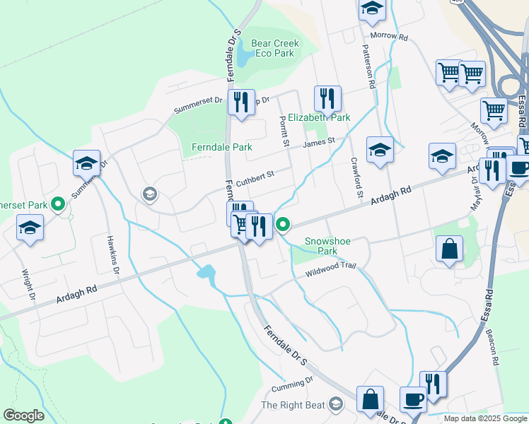 map of restaurants, bars, coffee shops, grocery stores, and more near 185 Bishop Drive in Barrie