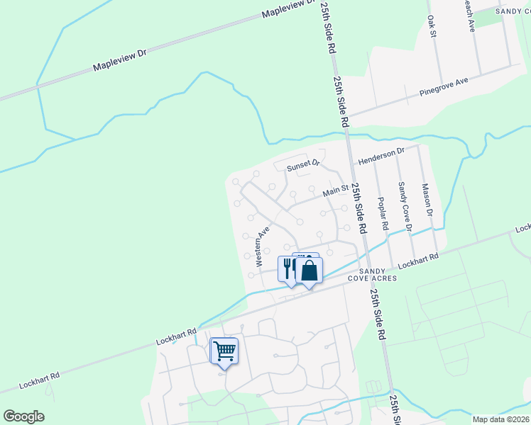 map of restaurants, bars, coffee shops, grocery stores, and more near 29 Main Street in Innisfil