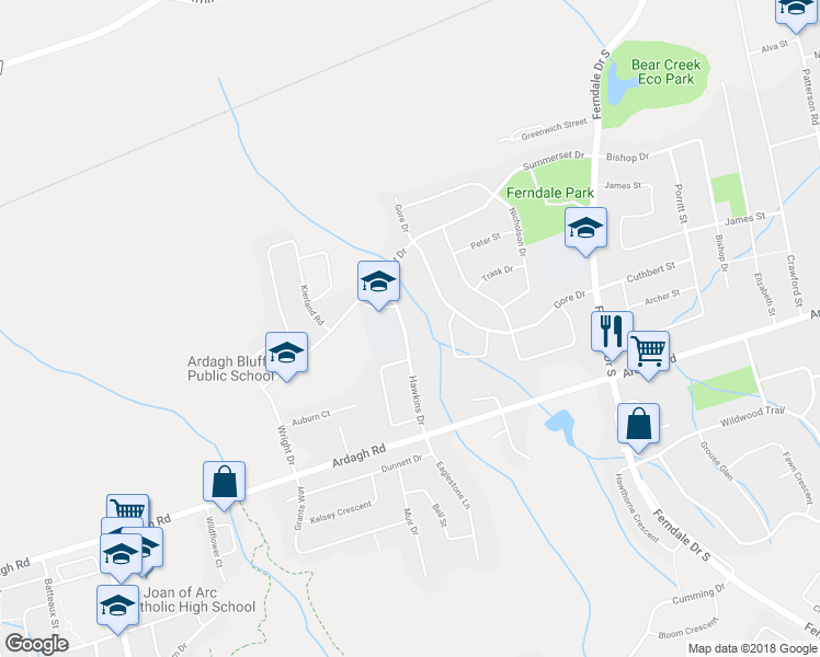 map of restaurants, bars, coffee shops, grocery stores, and more near 55 Hawkins Drive in Barrie