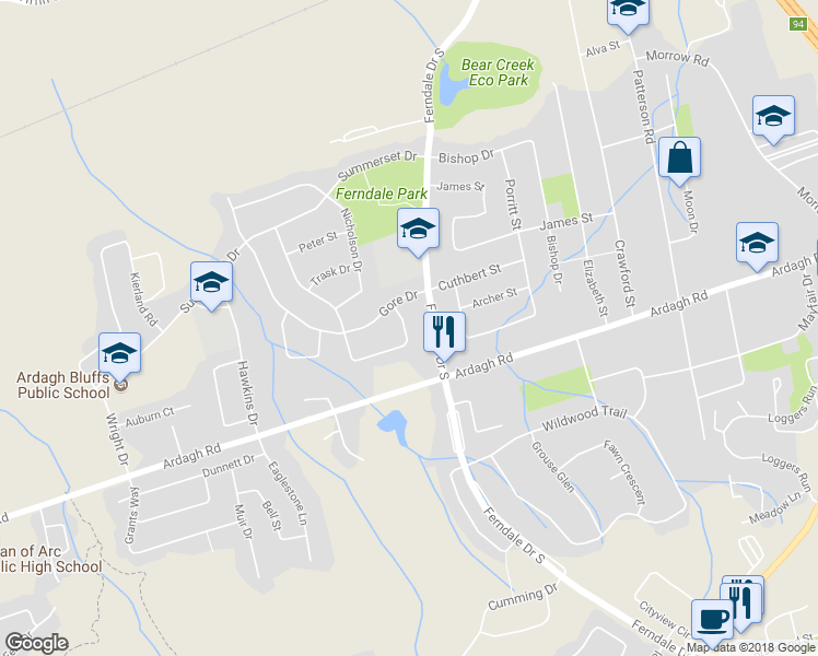 map of restaurants, bars, coffee shops, grocery stores, and more near 19 Cunningham Drive in Barrie