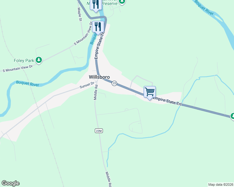 map of restaurants, bars, coffee shops, grocery stores, and more near 3657 Essex Rd in Willsboro