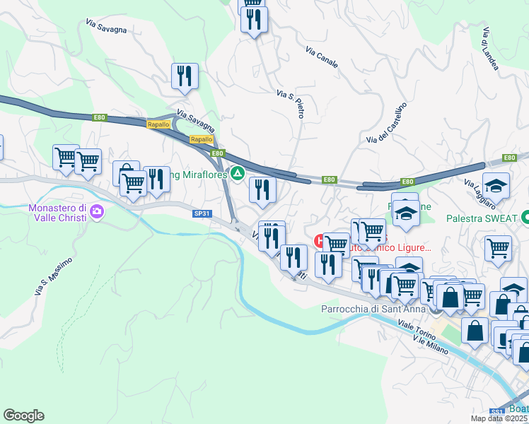 map of restaurants, bars, coffee shops, grocery stores, and more near 23 Via San Pietro in Rapallo