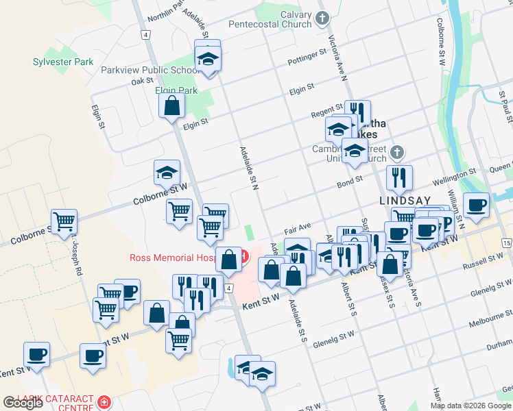 map of restaurants, bars, coffee shops, grocery stores, and more near 53 Adelaide Street North in Kawartha Lakes