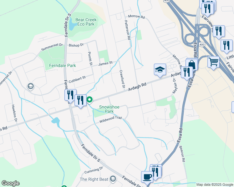 map of restaurants, bars, coffee shops, grocery stores, and more near Ardagh Road in Barrie