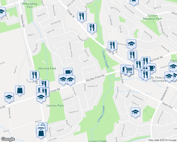 map of restaurants, bars, coffee shops, grocery stores, and more near 92 Barre Drive in Barrie