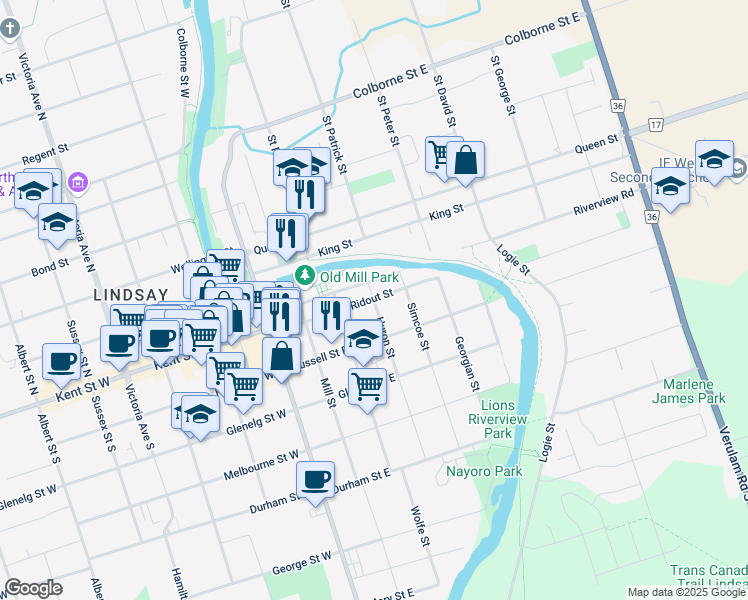 map of restaurants, bars, coffee shops, grocery stores, and more near 8 Huron Street in Lindsay