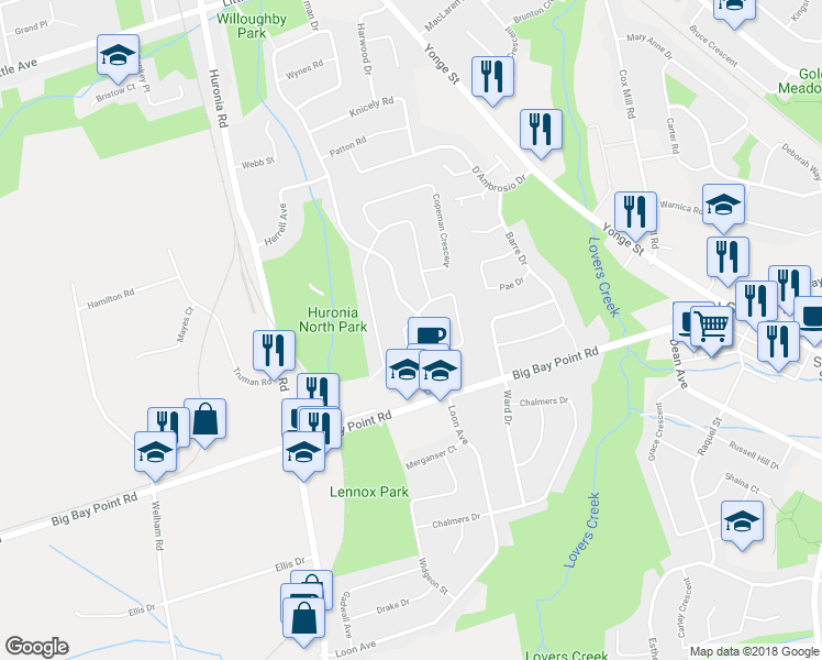 map of restaurants, bars, coffee shops, grocery stores, and more near 196 Pickett Crescent in Barrie