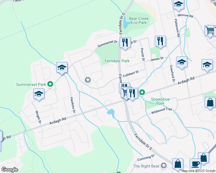 map of restaurants, bars, coffee shops, grocery stores, and more near 29 Gore Drive in Barrie
