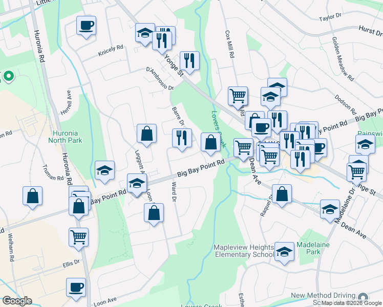 map of restaurants, bars, coffee shops, grocery stores, and more near 71 Barre Drive in Barrie