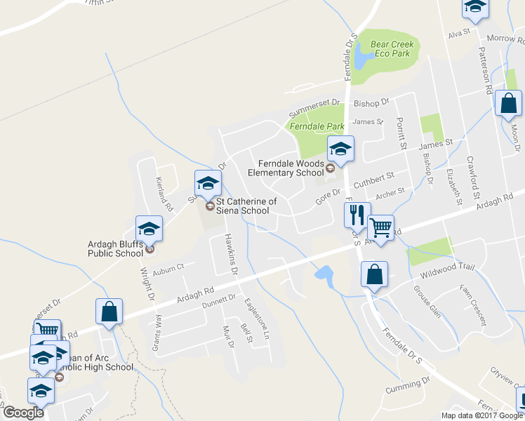 map of restaurants, bars, coffee shops, grocery stores, and more near 73 Gore Drive in Barrie