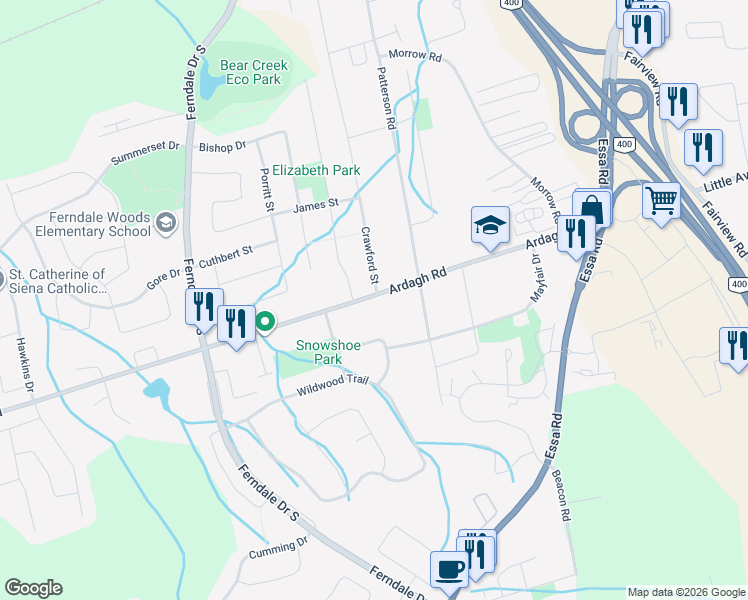 map of restaurants, bars, coffee shops, grocery stores, and more near 135 Ardagh Road in Barrie