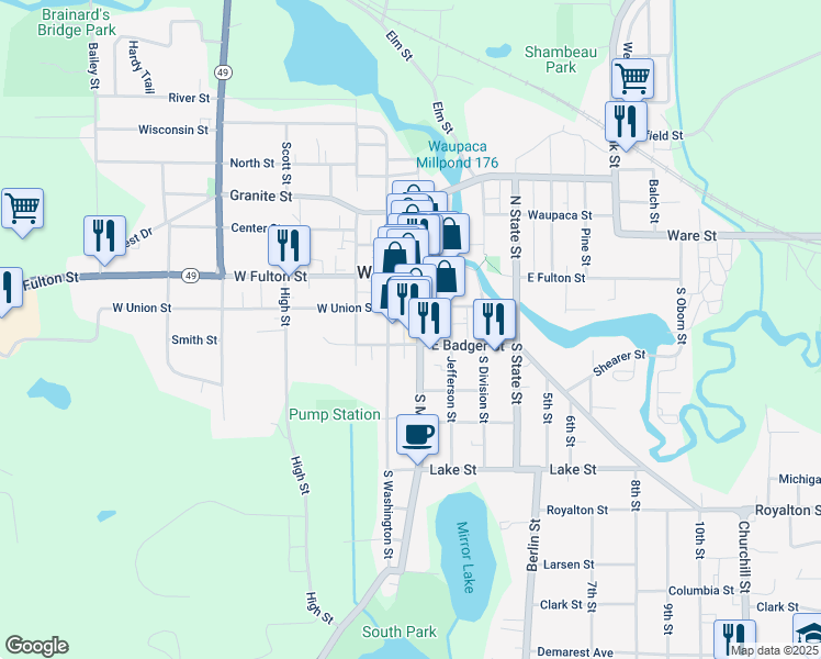map of restaurants, bars, coffee shops, grocery stores, and more near 218 South Main Street in Waupaca