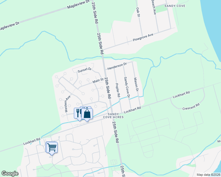 map of restaurants, bars, coffee shops, grocery stores, and more near 3085 25th Side Road in Innisfil