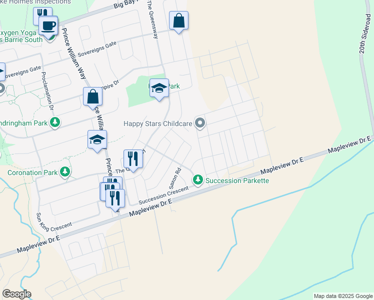 map of restaurants, bars, coffee shops, grocery stores, and more near 44 Saxon Road in Barrie