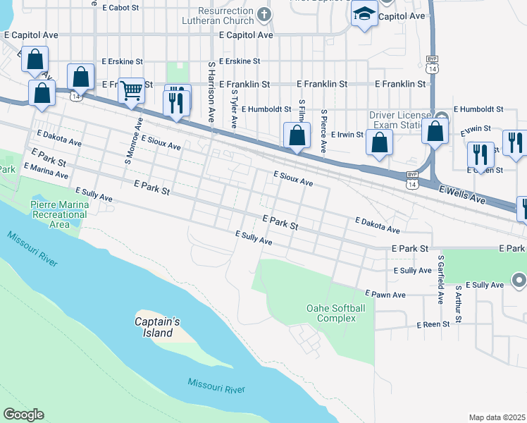 map of restaurants, bars, coffee shops, grocery stores, and more near 1820 East Park Street in Pierre