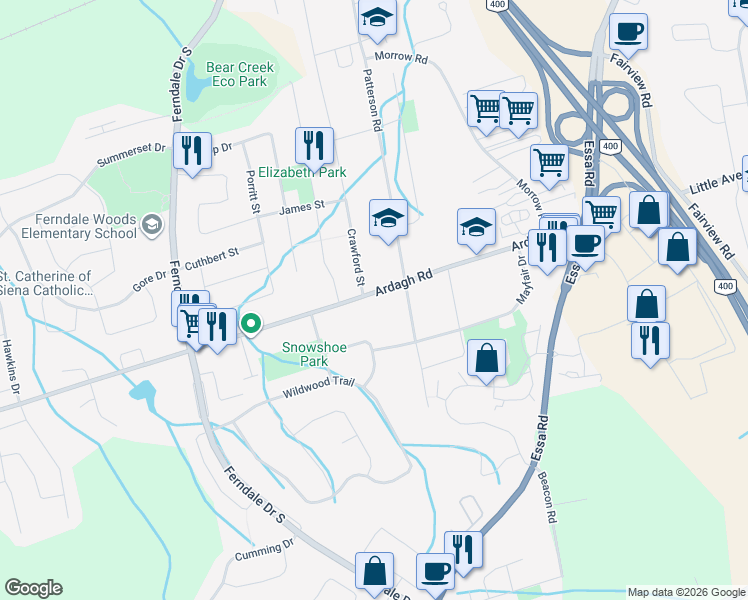 map of restaurants, bars, coffee shops, grocery stores, and more near 135 Ardagh Road in Barrie
