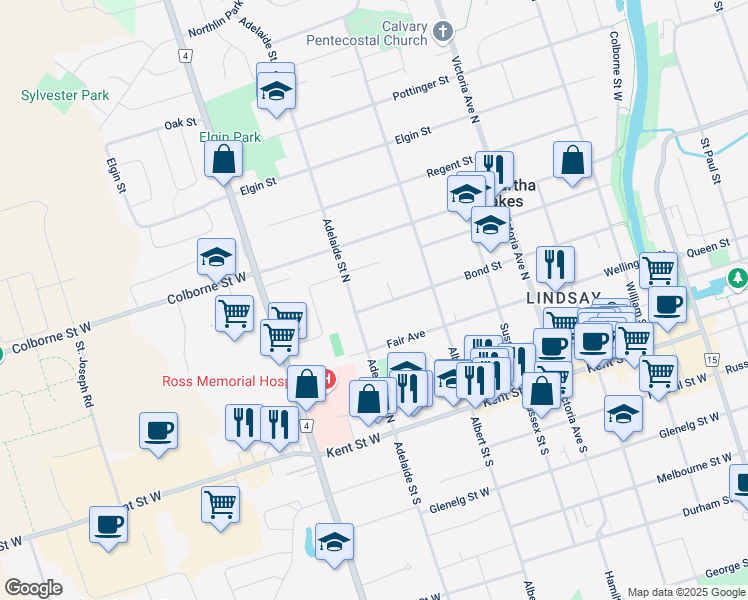 map of restaurants, bars, coffee shops, grocery stores, and more near in Kawartha Lakes