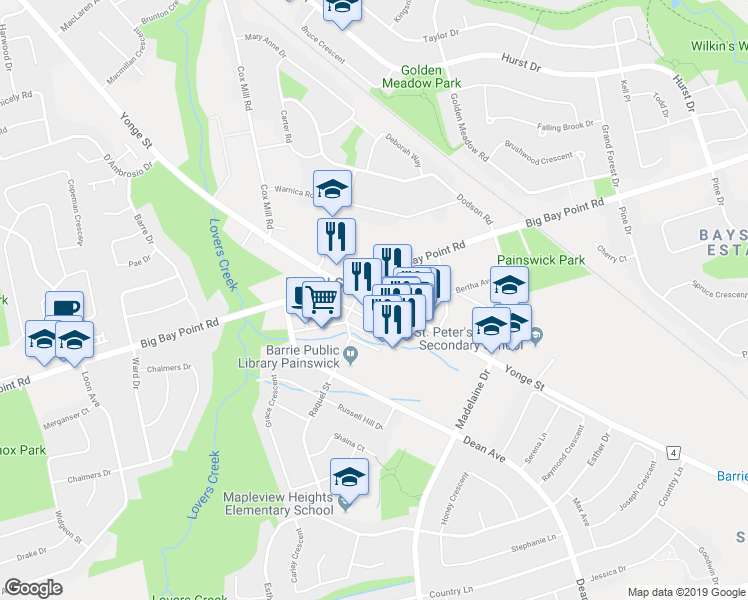map of restaurants, bars, coffee shops, grocery stores, and more near Yonge Street in Barrie