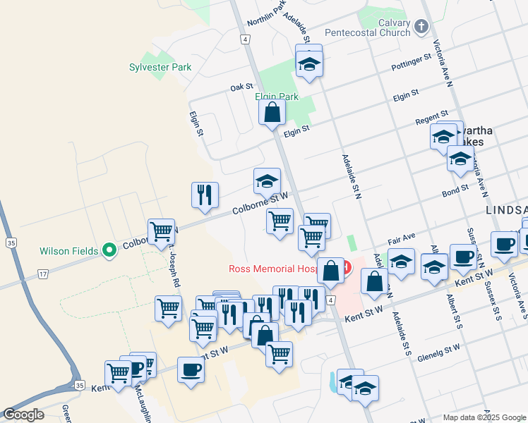 map of restaurants, bars, coffee shops, grocery stores, and more near 159 Colborne Street West in Kawartha Lakes