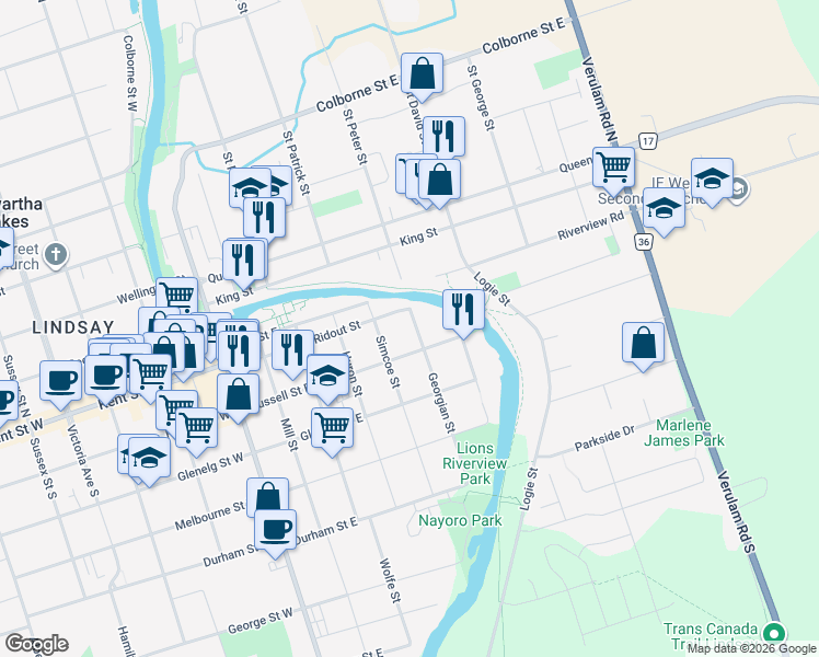 map of restaurants, bars, coffee shops, grocery stores, and more near 5 Georgian Street in Kawartha Lakes