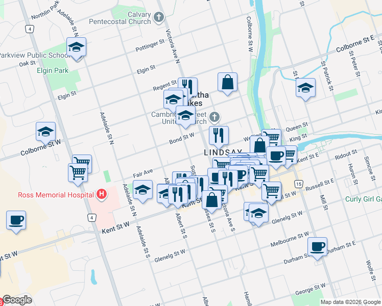 map of restaurants, bars, coffee shops, grocery stores, and more near 36 Sussex Street North in Kawartha Lakes