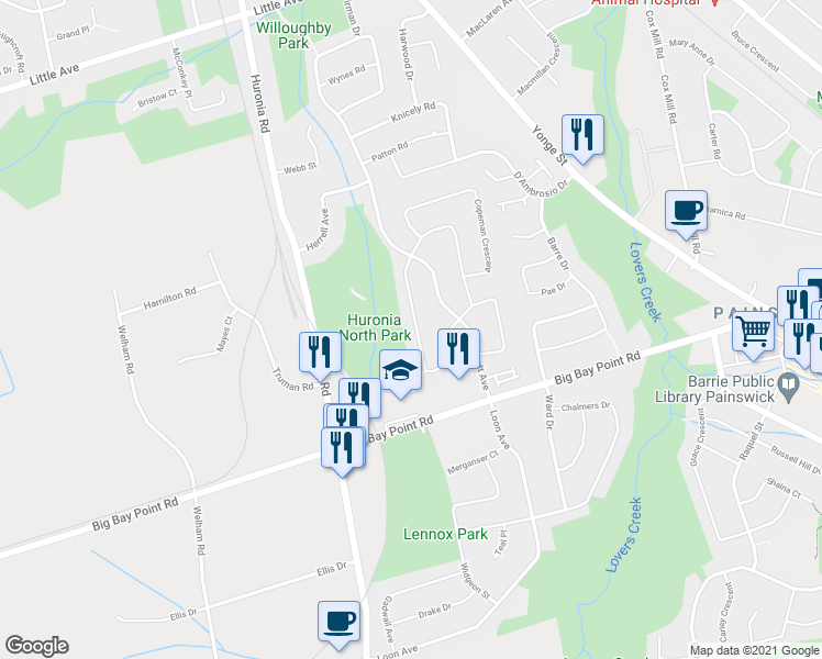 map of restaurants, bars, coffee shops, grocery stores, and more near 74 Pickett Crescent in Barrie
