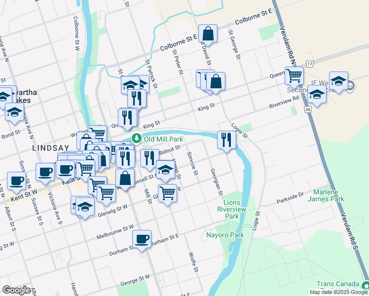 map of restaurants, bars, coffee shops, grocery stores, and more near 57 Ridout Street in Kawartha Lakes