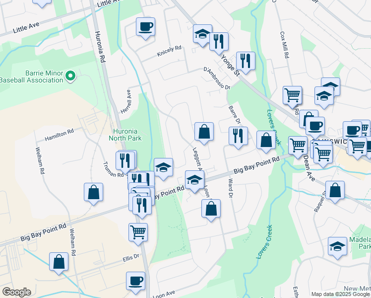 map of restaurants, bars, coffee shops, grocery stores, and more near Pickett Crescent in Barrie