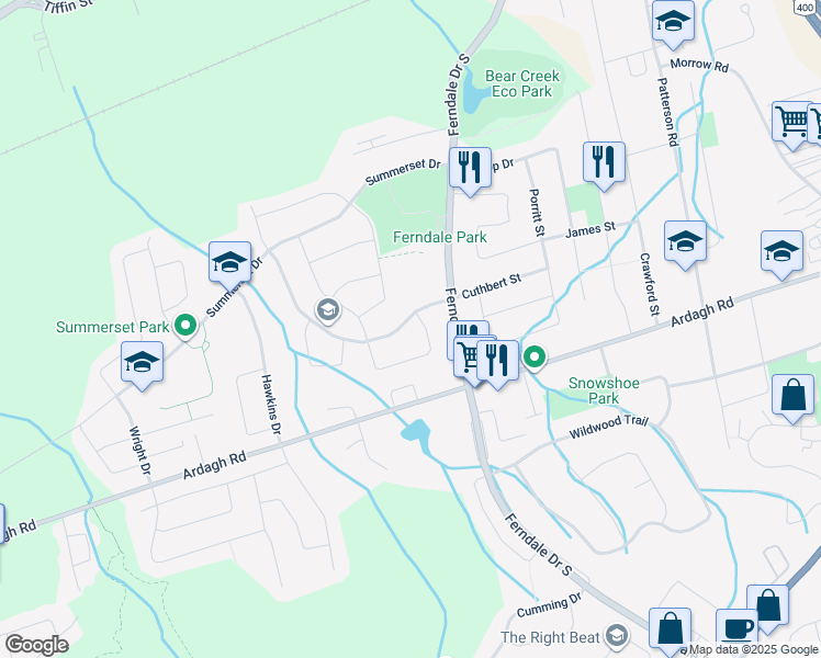 map of restaurants, bars, coffee shops, grocery stores, and more near 25 Gore Drive in Barrie