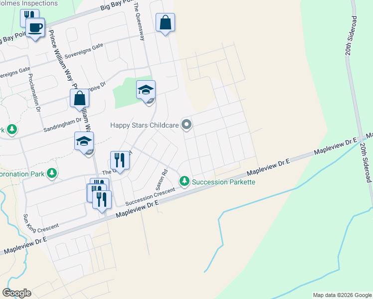 map of restaurants, bars, coffee shops, grocery stores, and more near Nottingham Road in Barrie