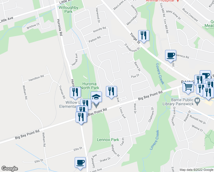 map of restaurants, bars, coffee shops, grocery stores, and more near 209 Pickett Crescent in Barrie