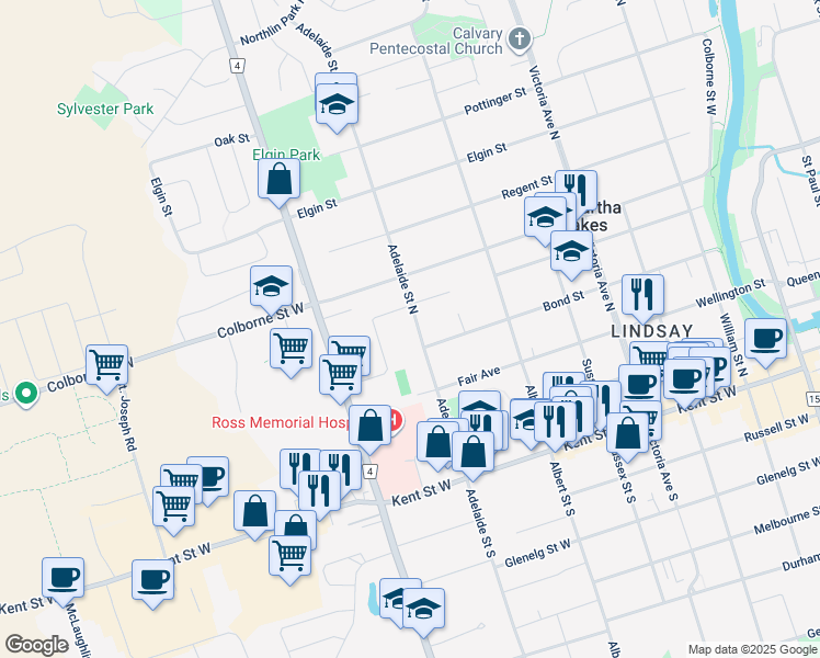 map of restaurants, bars, coffee shops, grocery stores, and more near 57 Adelaide Street North in Kawartha Lakes