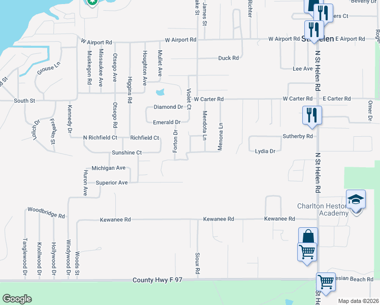 map of restaurants, bars, coffee shops, grocery stores, and more near 1620 Menona Lane in St. Helen