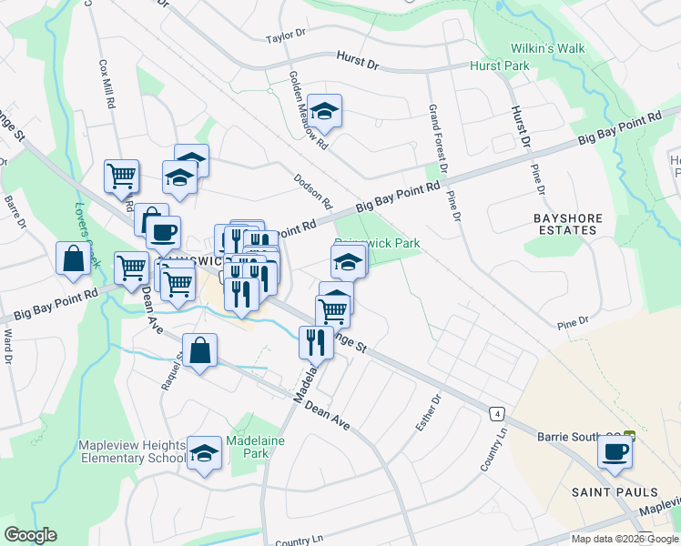 map of restaurants, bars, coffee shops, grocery stores, and more near 214 Ashford Drive in Barrie