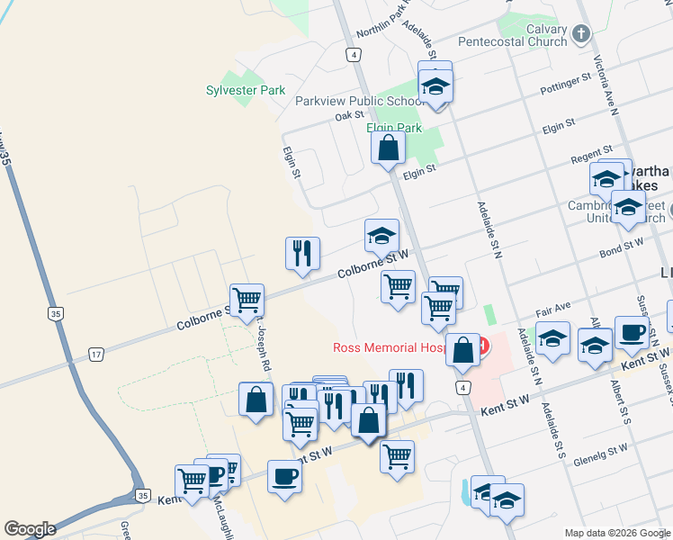 map of restaurants, bars, coffee shops, grocery stores, and more near 174 Colborne Street West in Kawartha Lakes