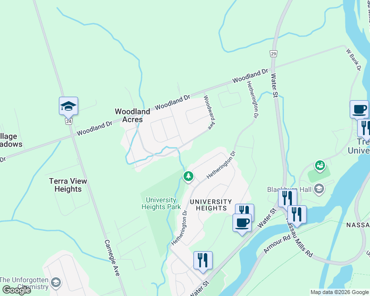map of restaurants, bars, coffee shops, grocery stores, and more near 270 Woodward Avenue in Peterborough