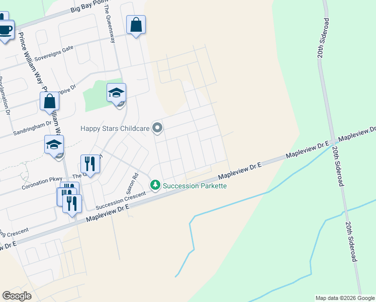 map of restaurants, bars, coffee shops, grocery stores, and more near 31 Prudhoe Terrace in Barrie