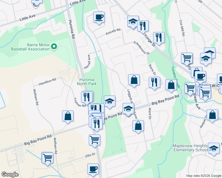 map of restaurants, bars, coffee shops, grocery stores, and more near 66 Pickett Crescent in Barrie