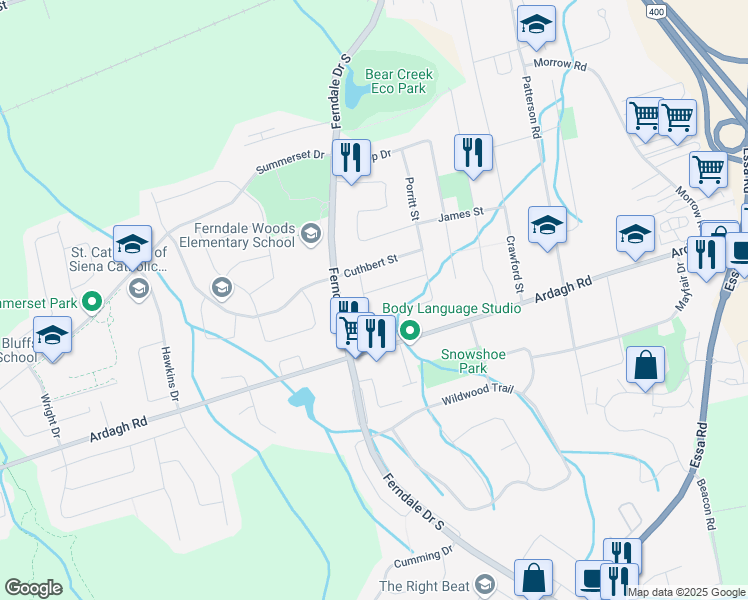 map of restaurants, bars, coffee shops, grocery stores, and more near 3 Archer Street in Barrie