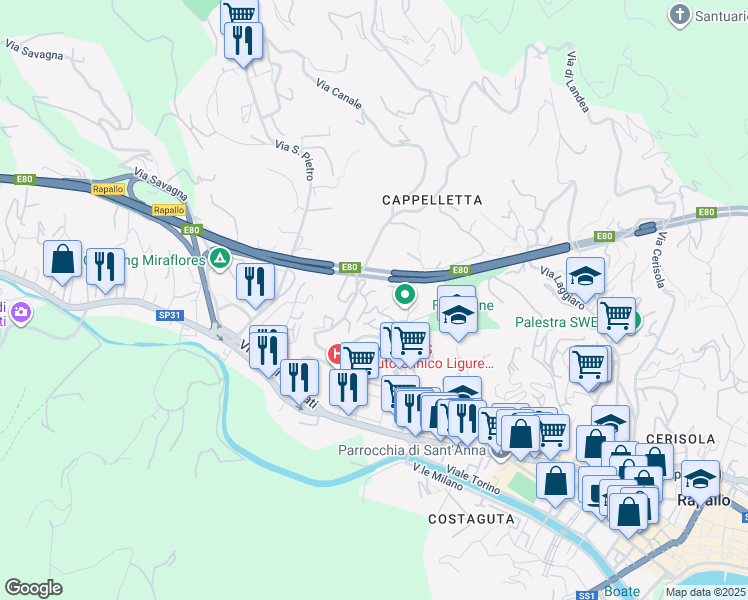 map of restaurants, bars, coffee shops, grocery stores, and more near Viale Privato dei Lauri in Rapallo