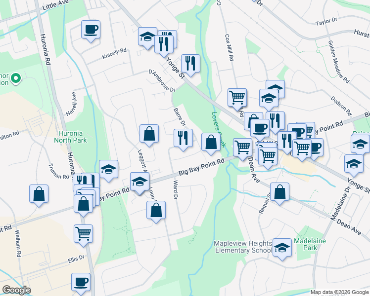 map of restaurants, bars, coffee shops, grocery stores, and more near 13 Ward Drive in Barrie