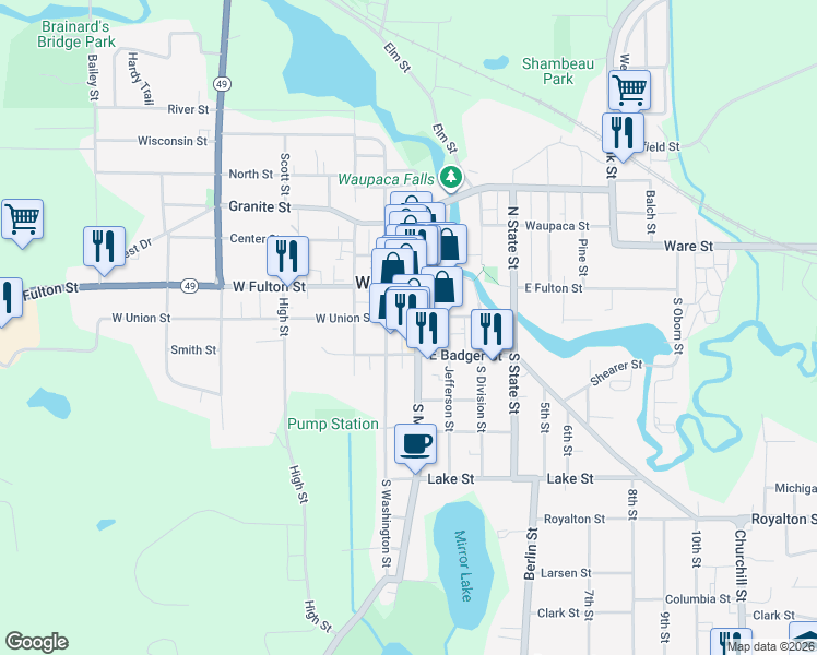 map of restaurants, bars, coffee shops, grocery stores, and more near 218 South Main Street in Waupaca